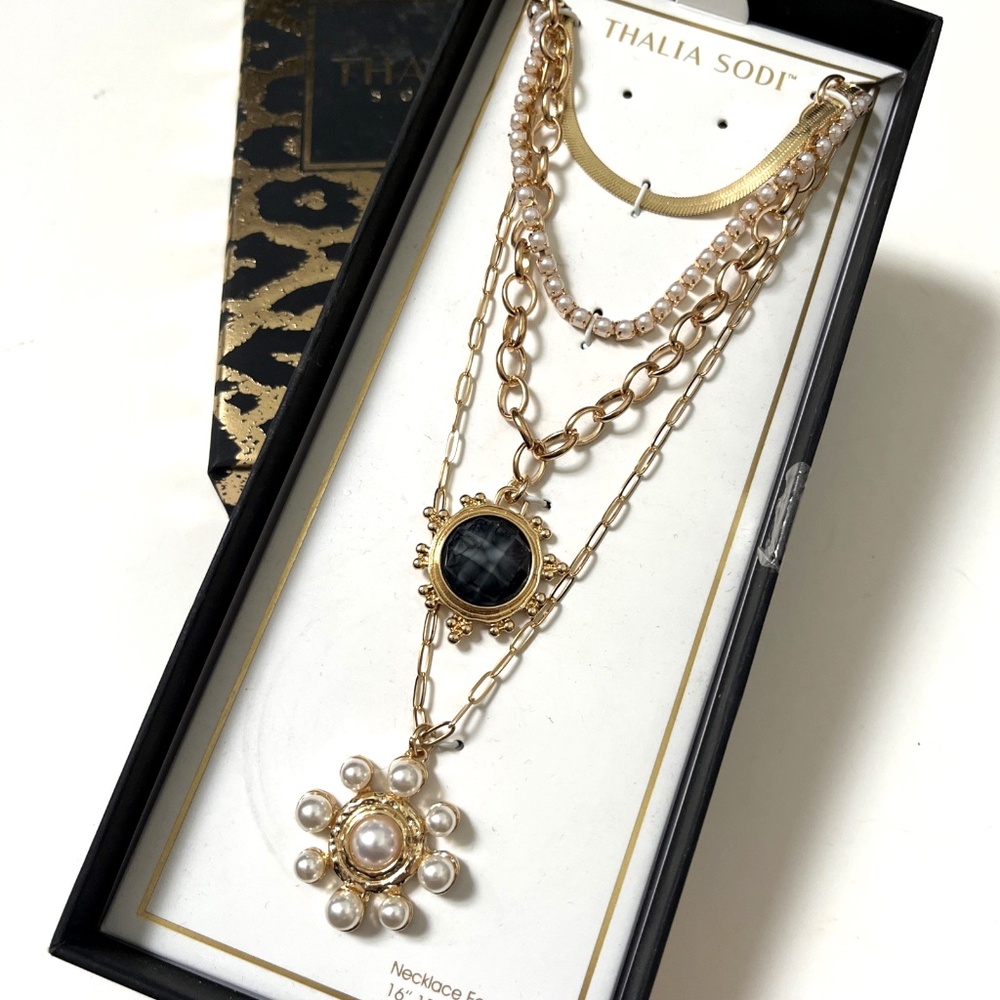 Talia Sodi Layered Pendant Necklace Gold Tone Faux Pearl Medallion NIB